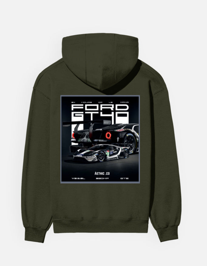 oversized Ford GT hoodie – rear design with motorsport car illustration – Aethic Apparels