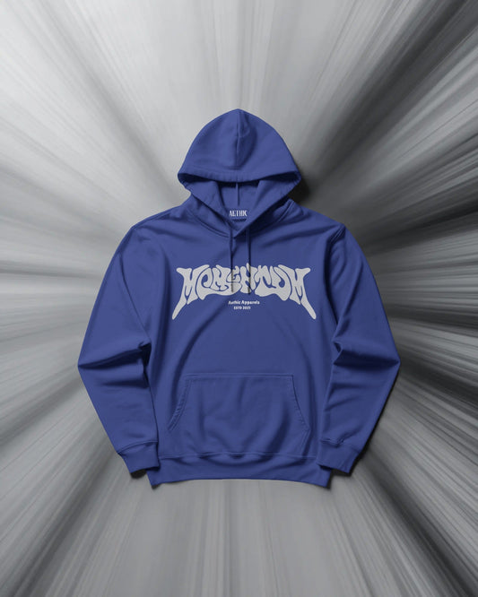 Blue hoodie with white text on a gray background