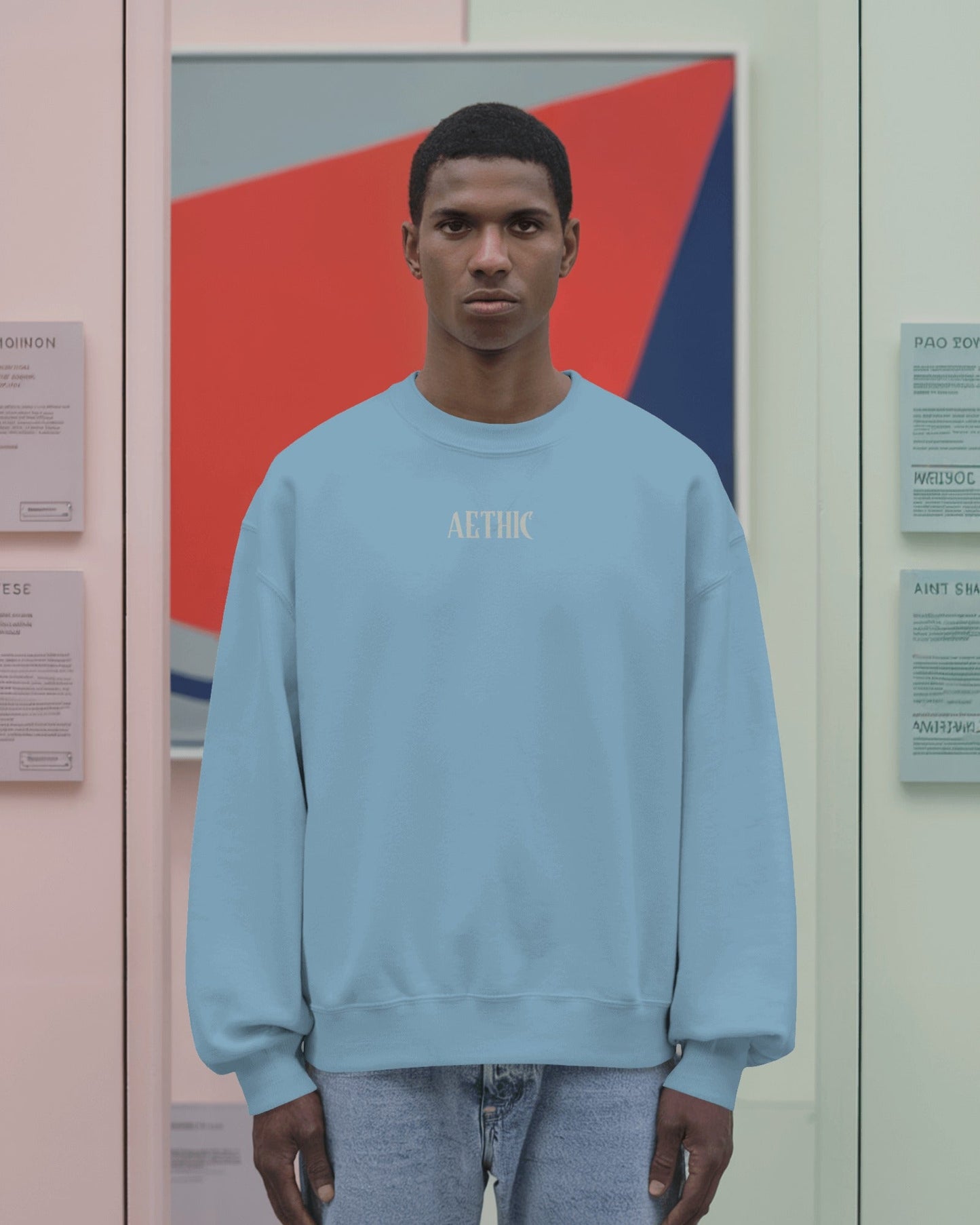 Endgame graphic print sweatshirt in baby blue by Aethic Apparels, made with premium cotton fleece and unisex relaxed fit.
