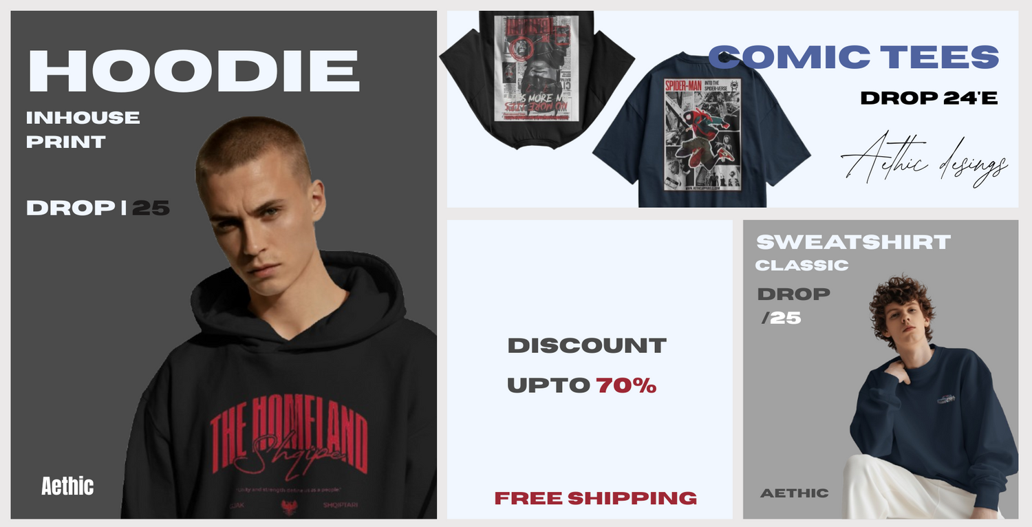Aethic streetwear collection Drop 25 featuring hoodies, sweatshirts, and comic graphic tees with inhouse prints, classic designs, up to 70% discount and free shipping