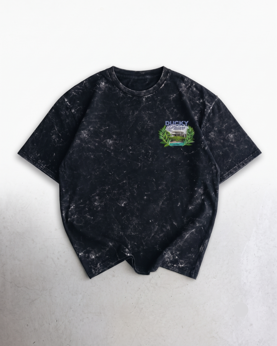 Black acid wash oversized t-shirt with left chest graphic print, AETHIC Apparels