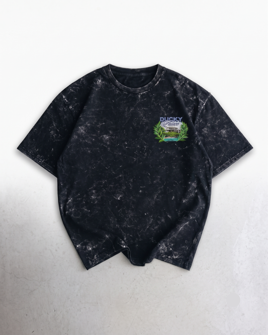 Black acid wash oversized t-shirt with left chest graphic print, AETHIC Apparels