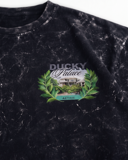 Close-up of Ducky Palace chest graphic on black acid wash oversized t-shirt by AETHIC