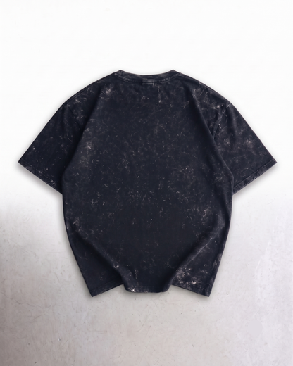Back view of black acid wash oversized t-shirt, plain back, AETHIC Apparels