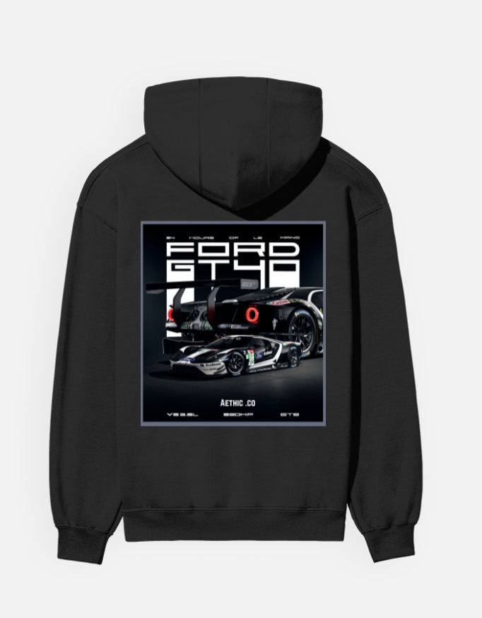 oversized Ford GT hoodie – rear design with motorsport car illustration – Aethic Apparels