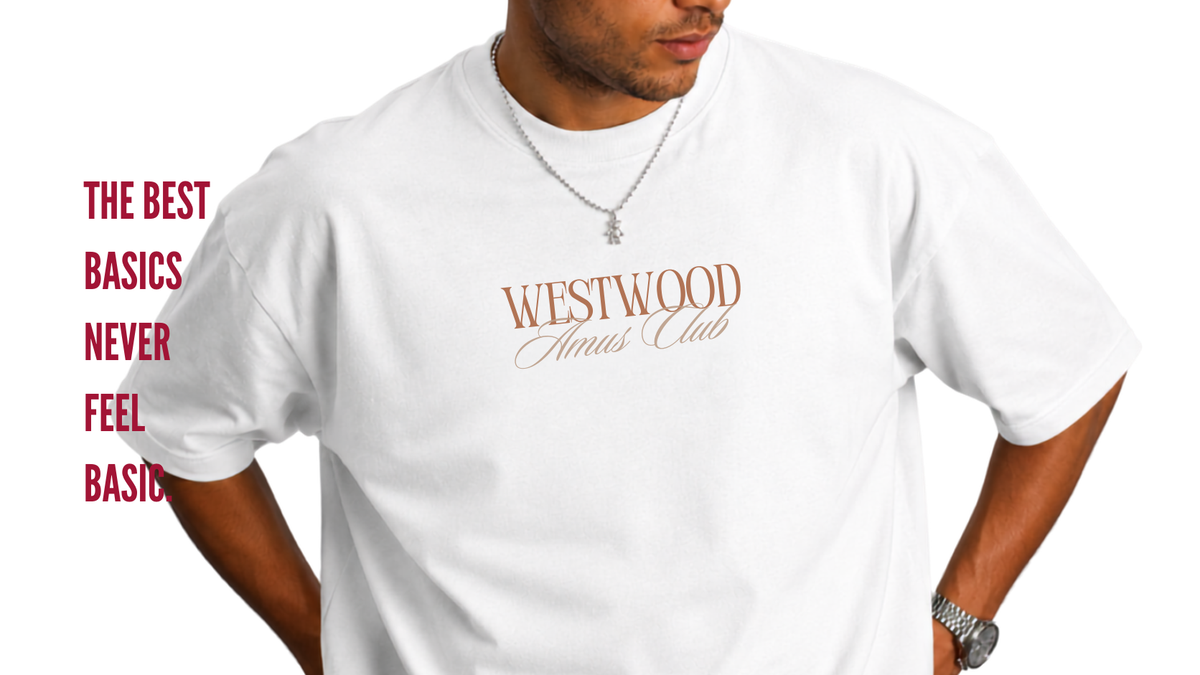 A man wearing a white t-shirt with 'WESTWOOD Amos Club' printed in brown across the chest, set against a plain white background with red text on the left side.