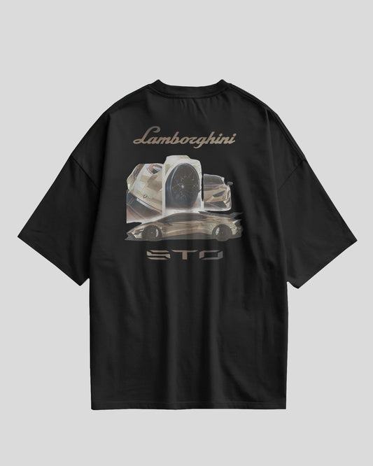 Black t-shirt with Lamborghini logo and car graphic on a gray background