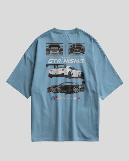 Blue t-shirt with car graphics and 'Nissan GTR Nismo' text on a gray background