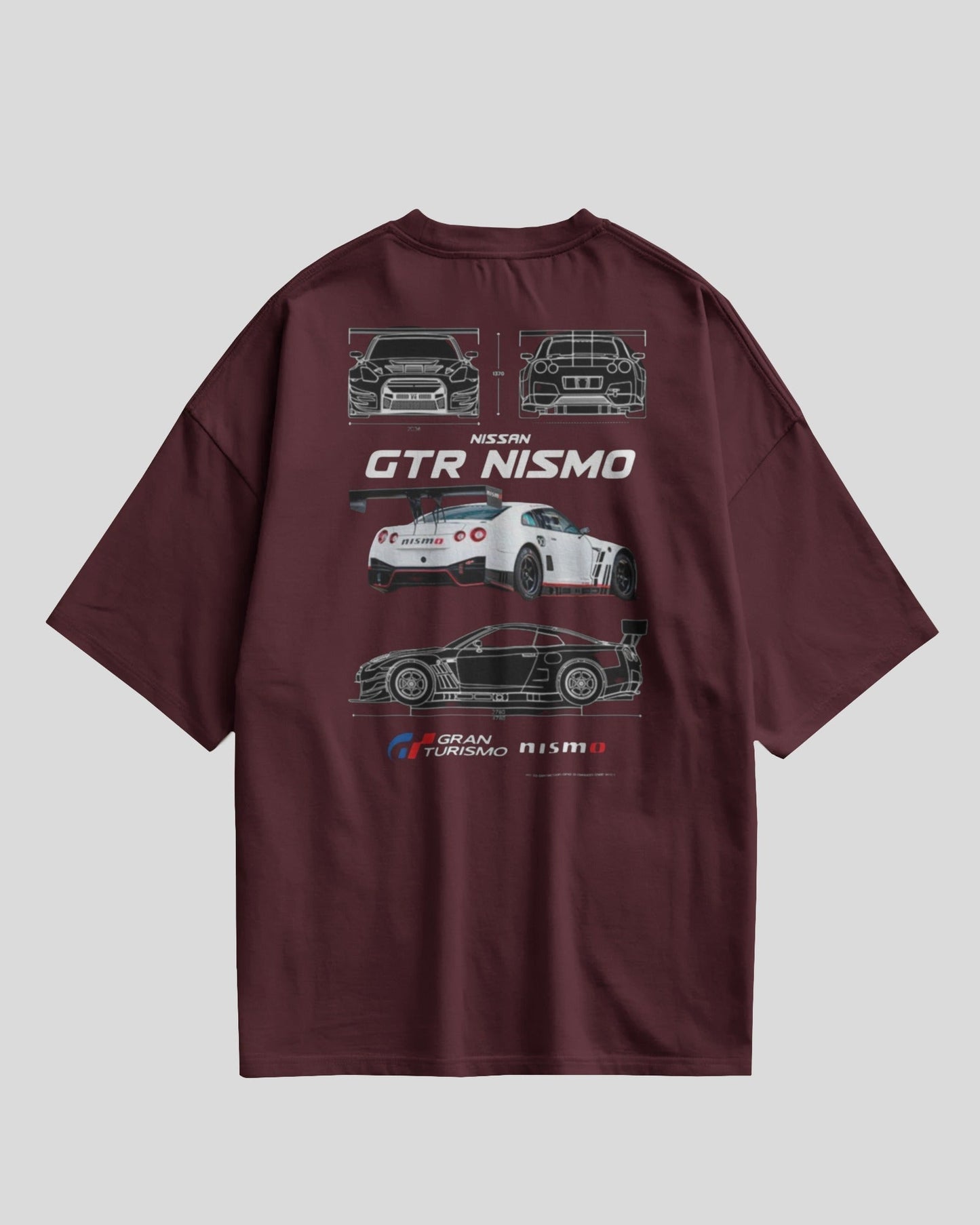 Maroon t-shirt with Nissan GTR Nismo graphics on a light gray background