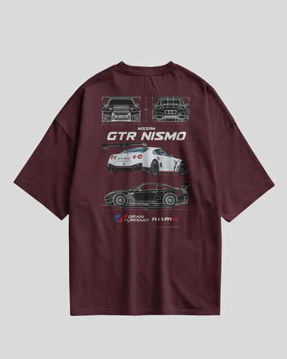 Maroon t-shirt with Nissan GTR Nismo graphics on a light gray background