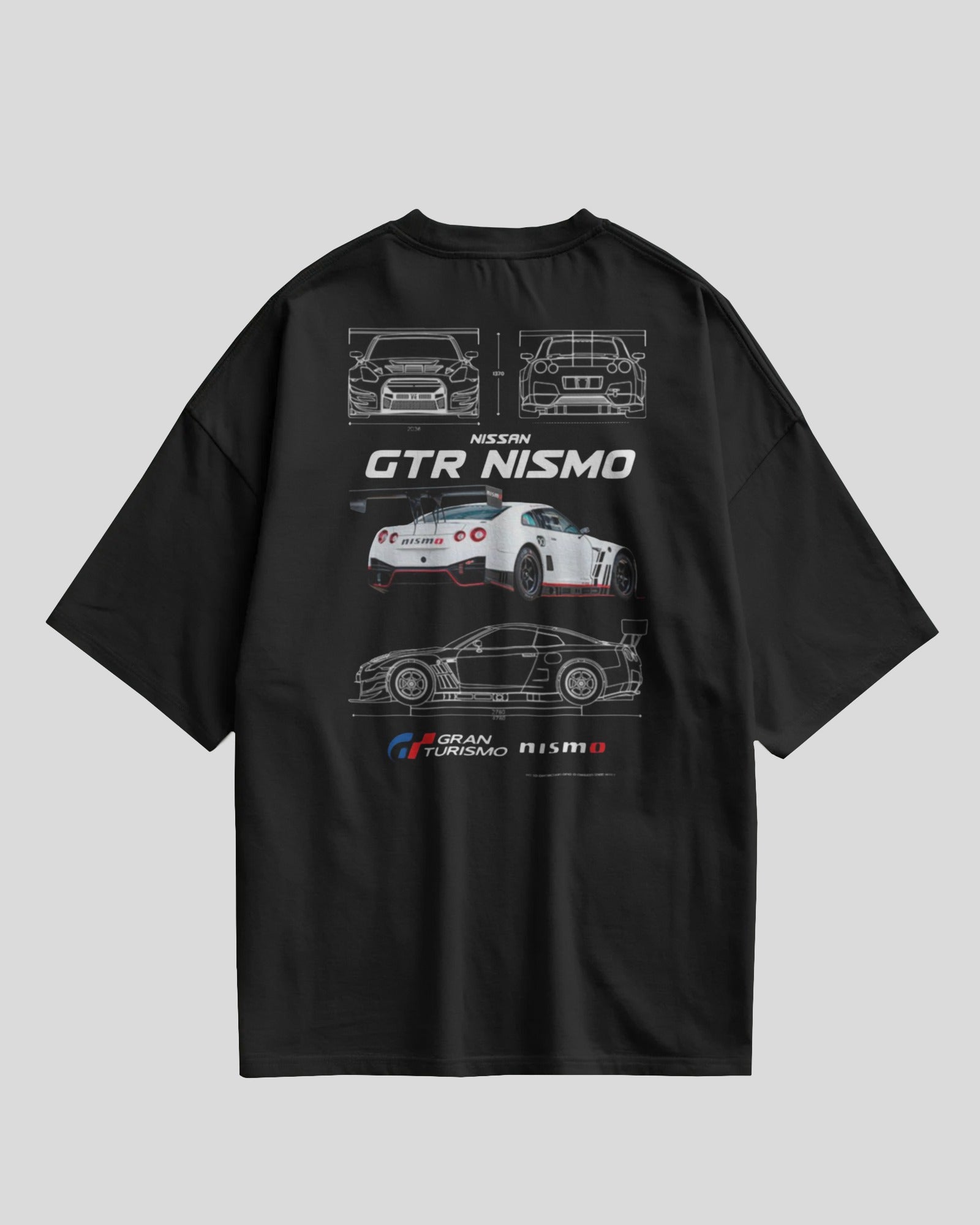Black t-shirt with Nissan GTR Nismo graphics on a gray background