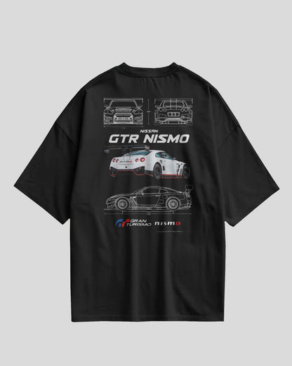 Black t-shirt with Nissan GTR Nismo graphics on a gray background