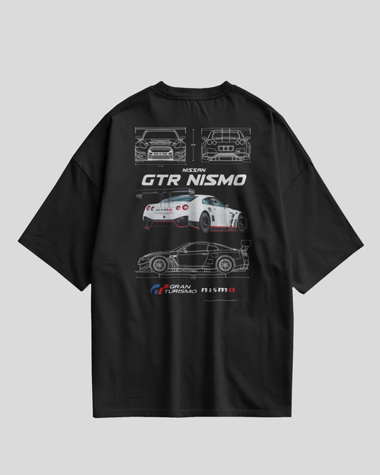 Black t-shirt with Nissan GTR Nismo graphics on a gray background