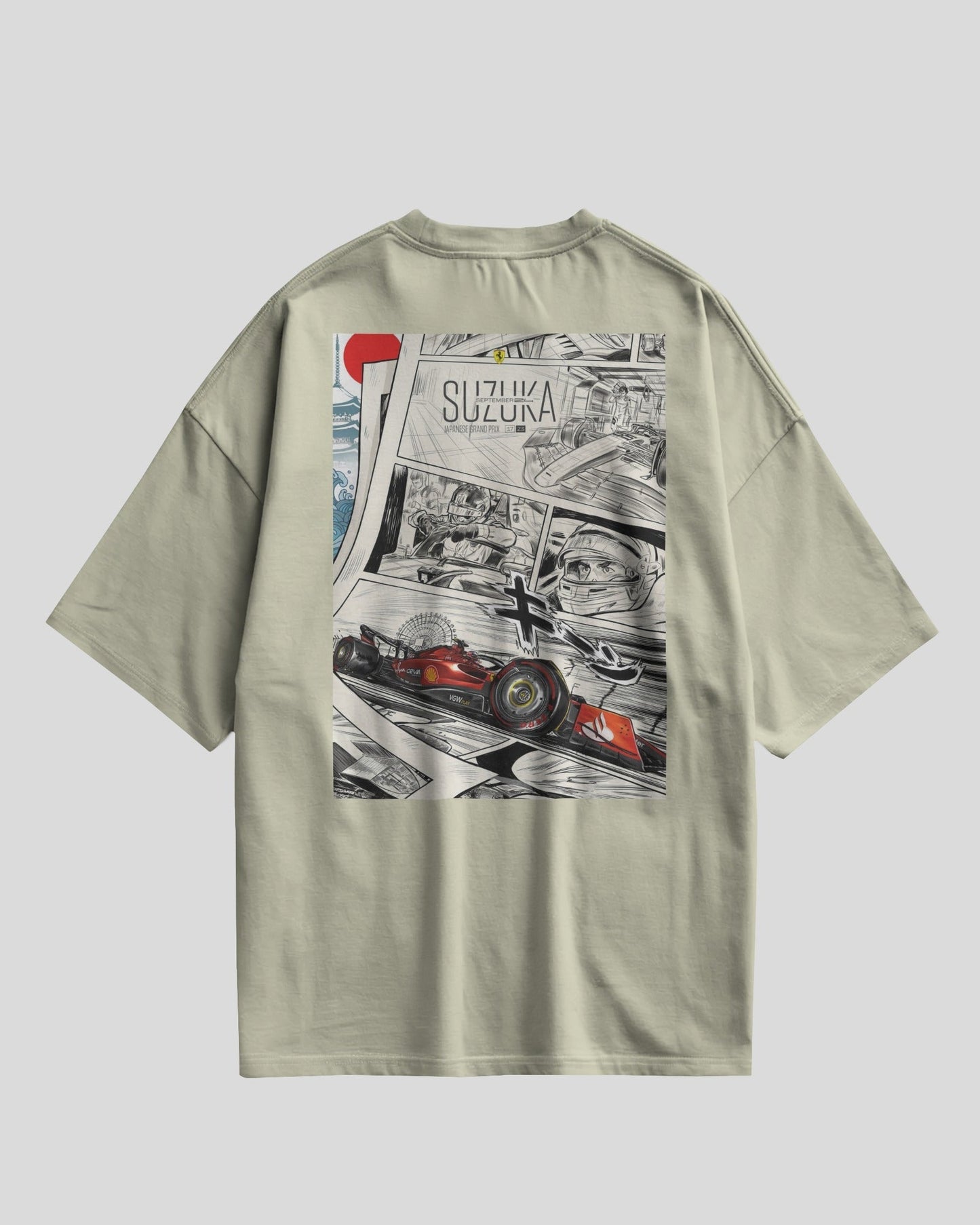 off white t-shirt with a graphic design of a race car and 'Suzuka' text on a gray background