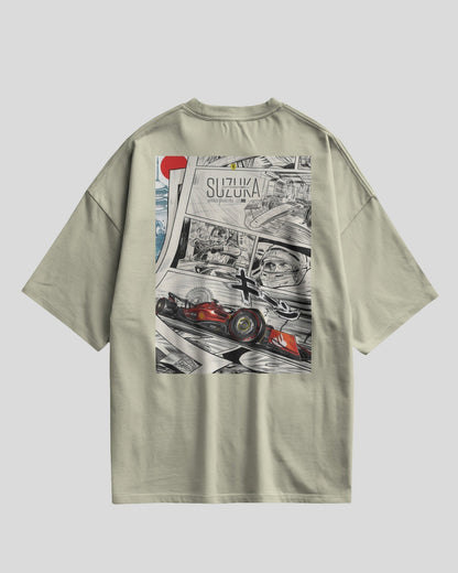 off white t-shirt with a graphic design of a race car and 'Suzuka' text on a gray background
