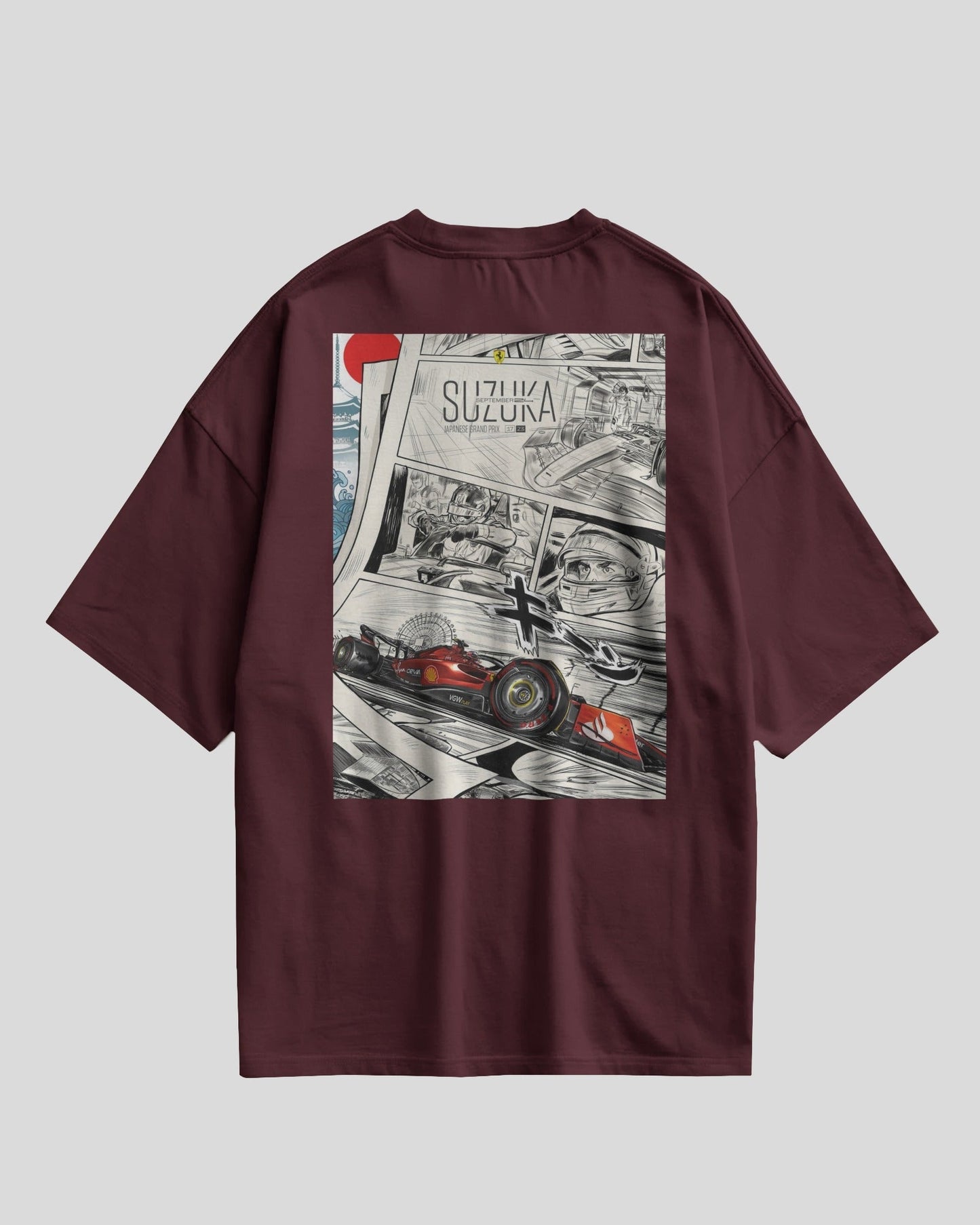 Maroon t-shirt with a graphic design on the back featuring a race car and 'Suzuka' text.