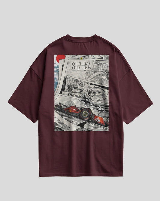 Maroon t-shirt with a graphic design on the back featuring a race car and 'Suzuka' text.