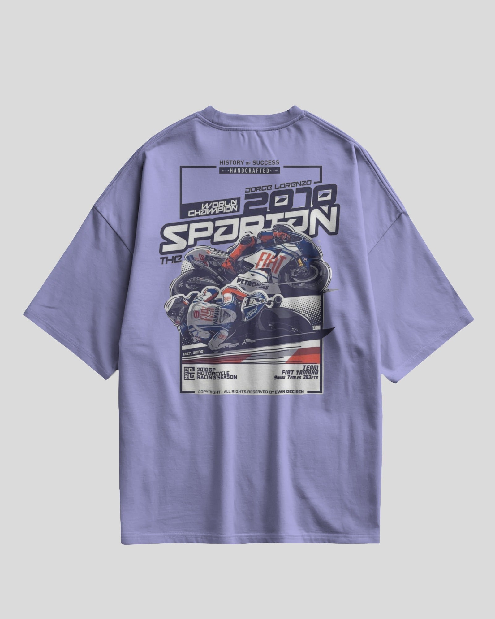 Purple t-shirt with motorcycle graphic and text on a gray background