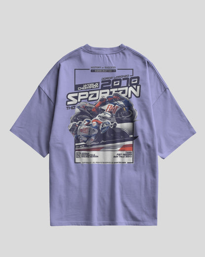 Purple t-shirt with motorcycle graphic and text on a gray background