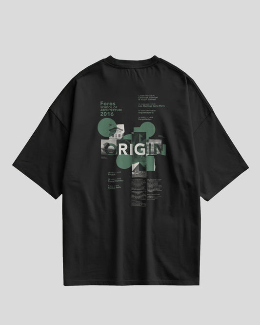 Black t-shirt with green graphics and text on a gray background