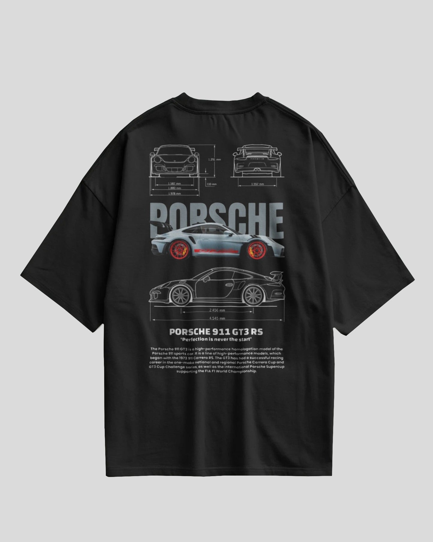 Black t-shirt with Porsche car design on a gray background