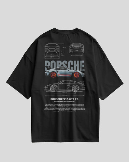 Black t-shirt with Porsche car design on a gray background