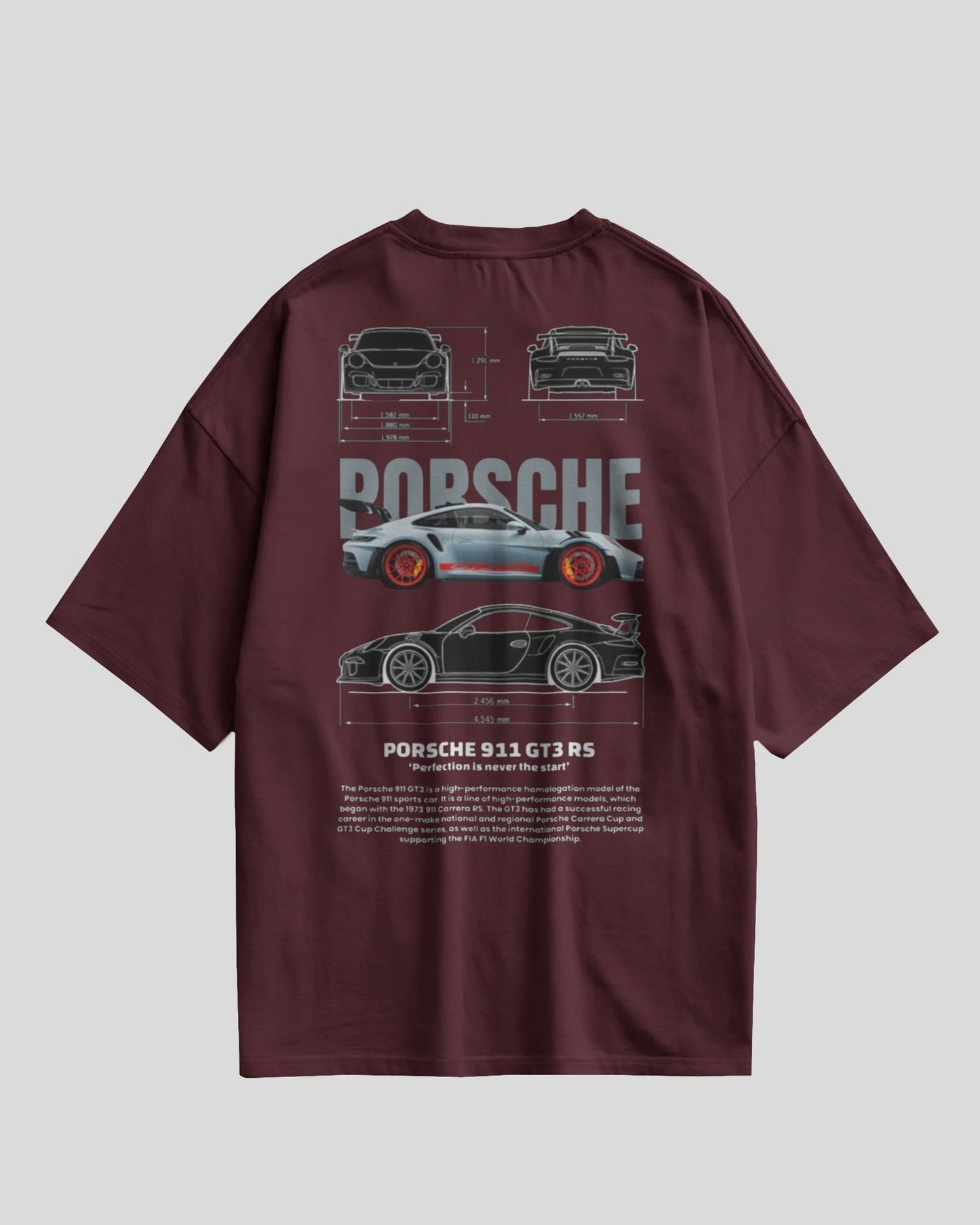 Maroon t-shirt with Porsche car design on a gray background