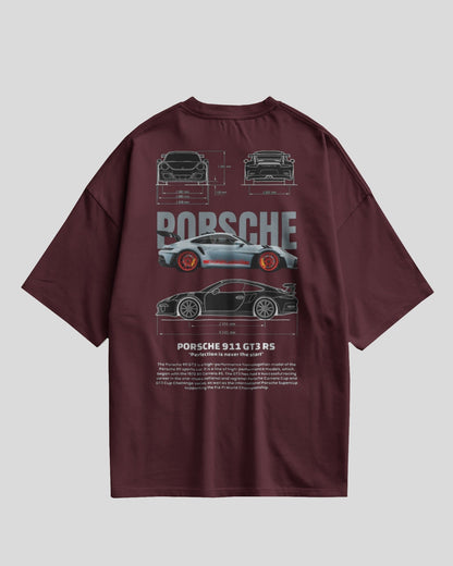 Maroon t-shirt with Porsche car design on a gray background