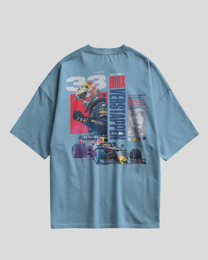 Baby Blue t-shirt with Formula 1 car graphic and '33 Max Verstappen' text on a gray background