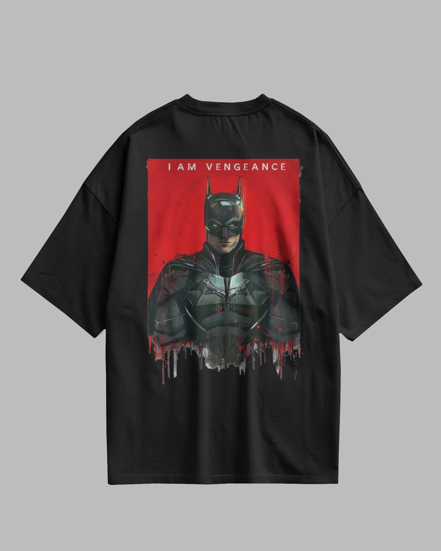 Black t-shirt with a graphic of a character in armor and 'I AM VENGEANCE' text on a red background.
