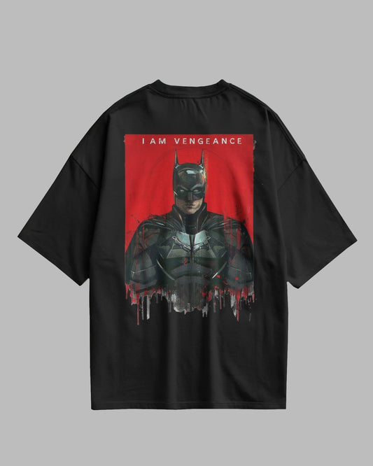 Black t-shirt with a graphic of a character in armor and 'I AM VENGEANCE' text on a red background.