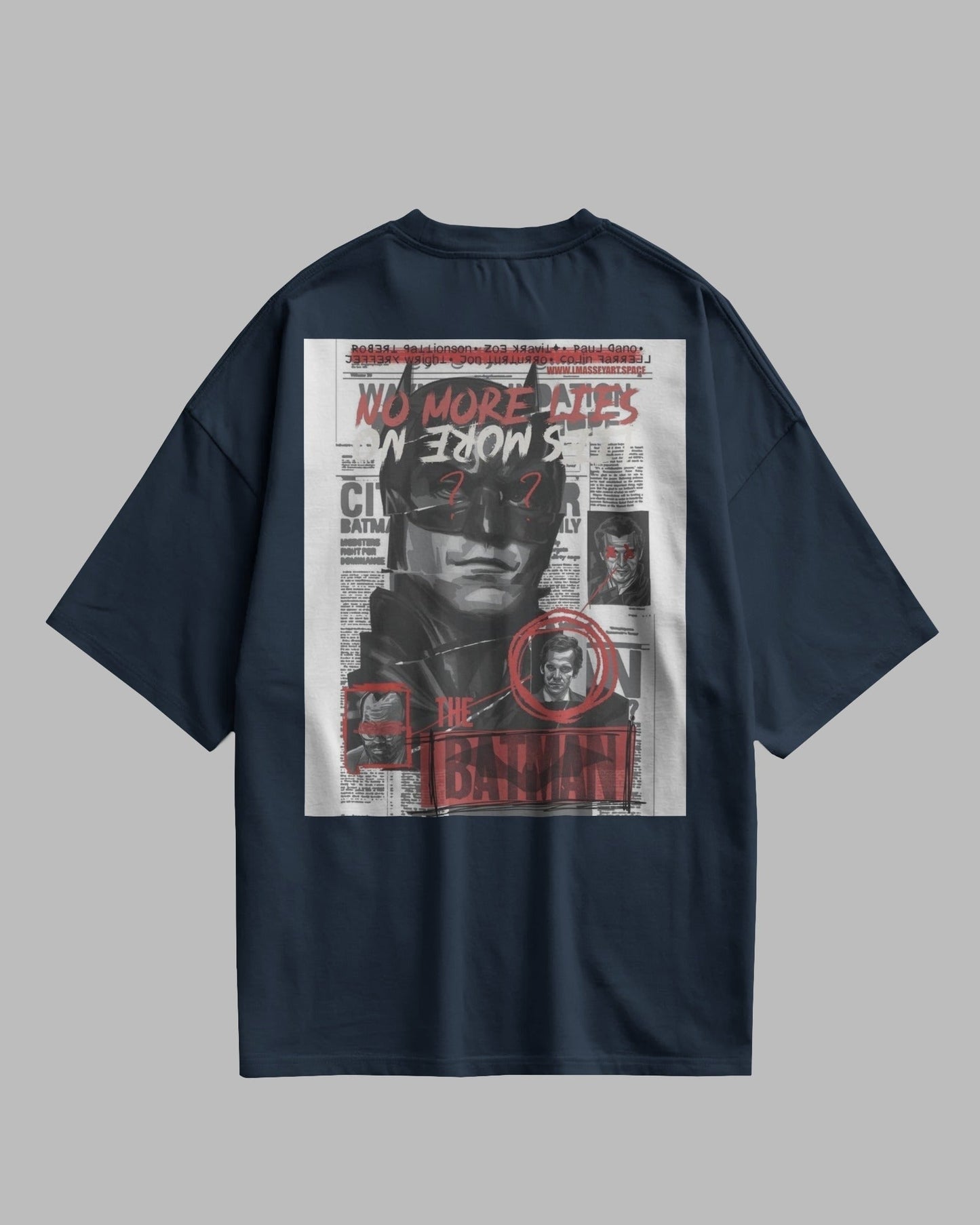 Navy blue t-shirt with graphic design on a gray background