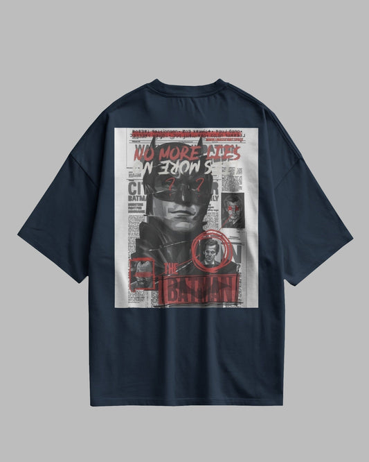 Navy blue t-shirt with graphic design on a gray background