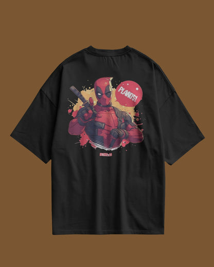 Black t-shirt with a graphic of a marvel character deadpool