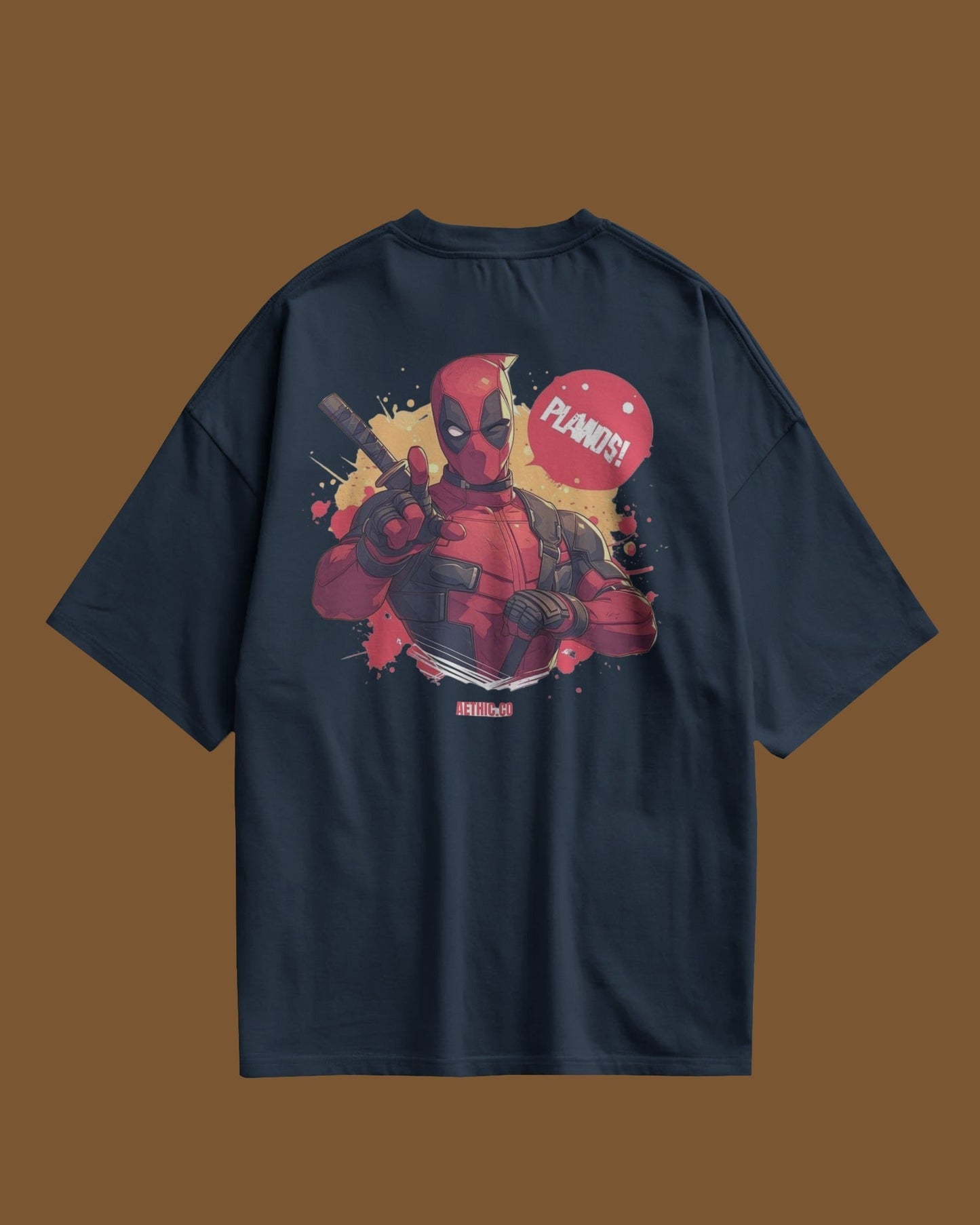 navy blue t-shirt with Deadpool graphic 