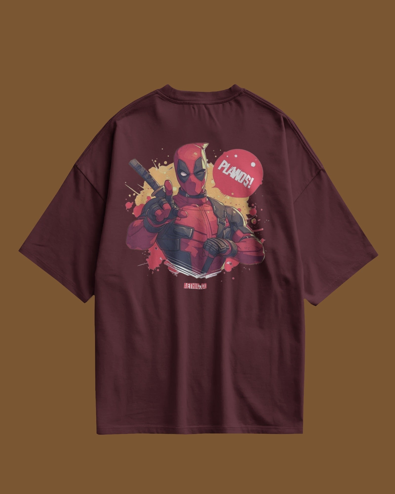 Maroon t-shirt with a graphic of a character deadpool from marvel
