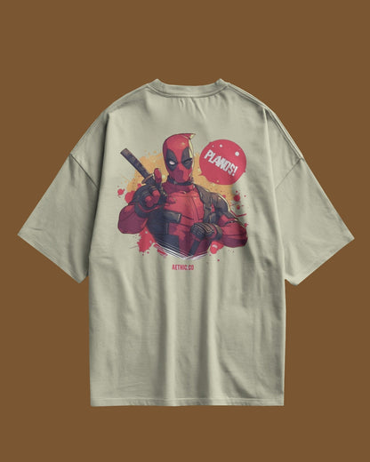 T-shirt with a graphic of a character named deadpool on a off white tee