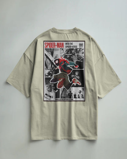 Colour_off White t-shirt with Spider-Man graphic on a plain background