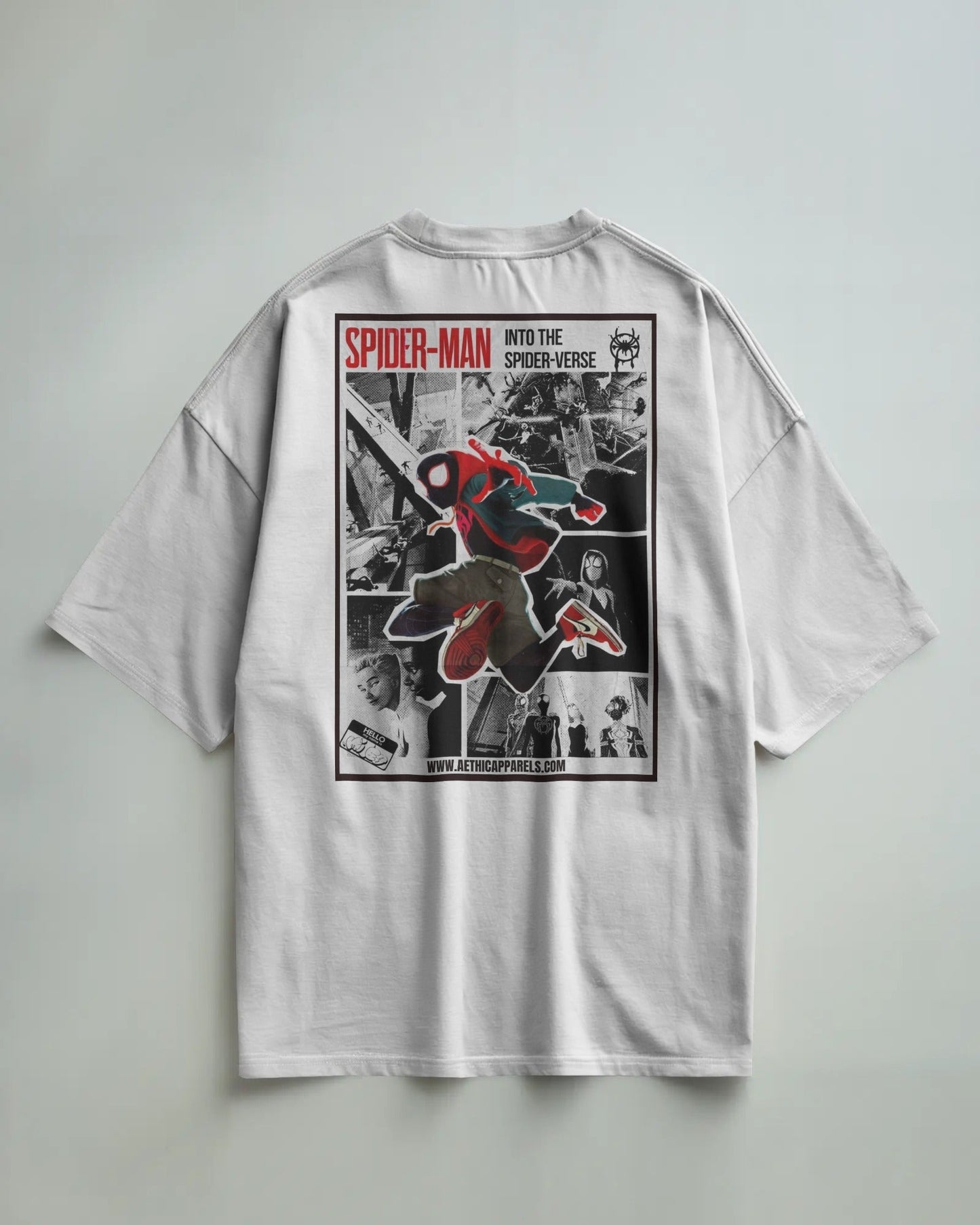 Colour_White t-shirt with Spider-Man graphic design on a gray background