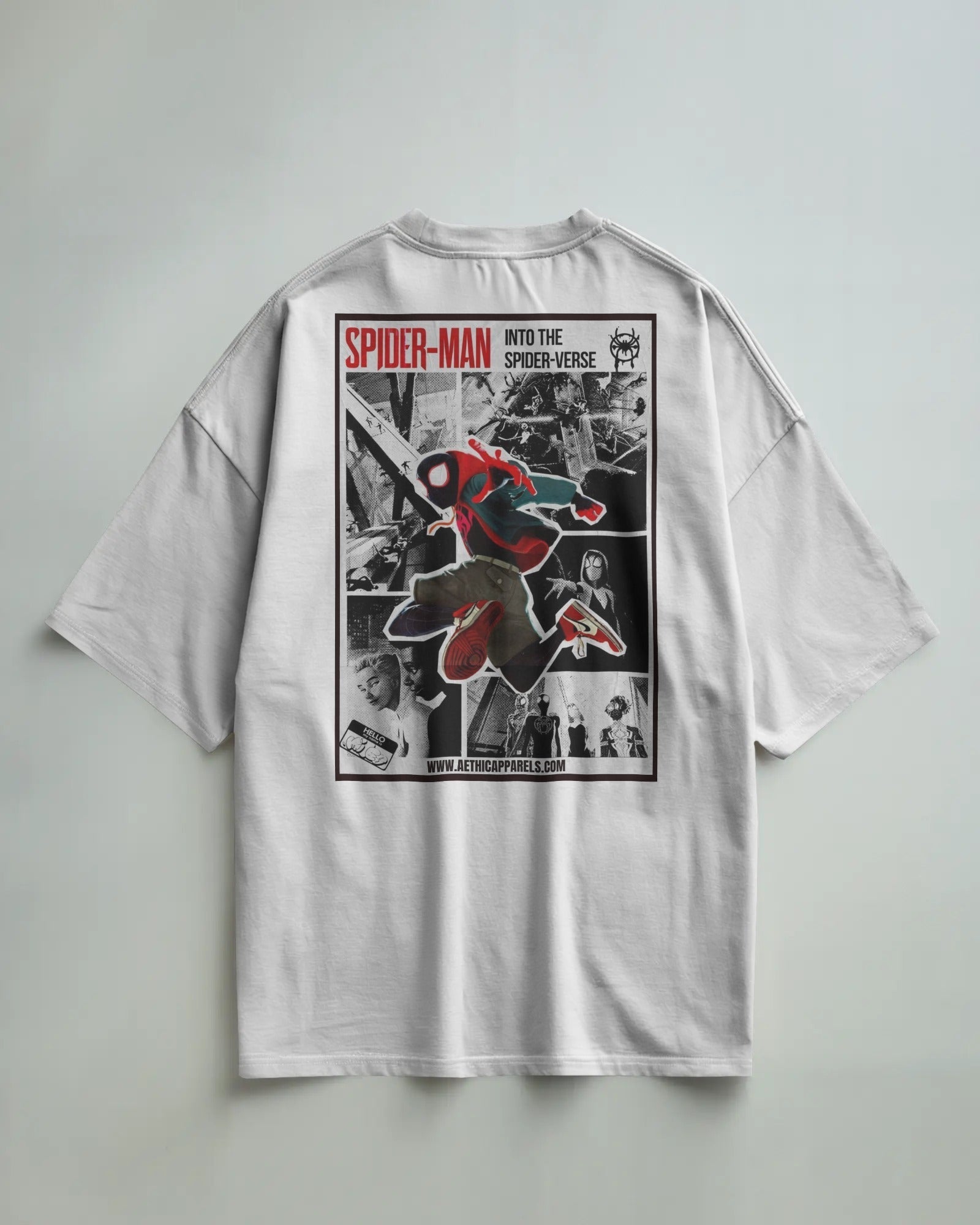 Colour_White t-shirt with Spider-Man graphic design on a gray background