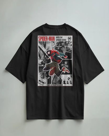Colour_Black t-shirt with Spider-Man graphic on a gray background