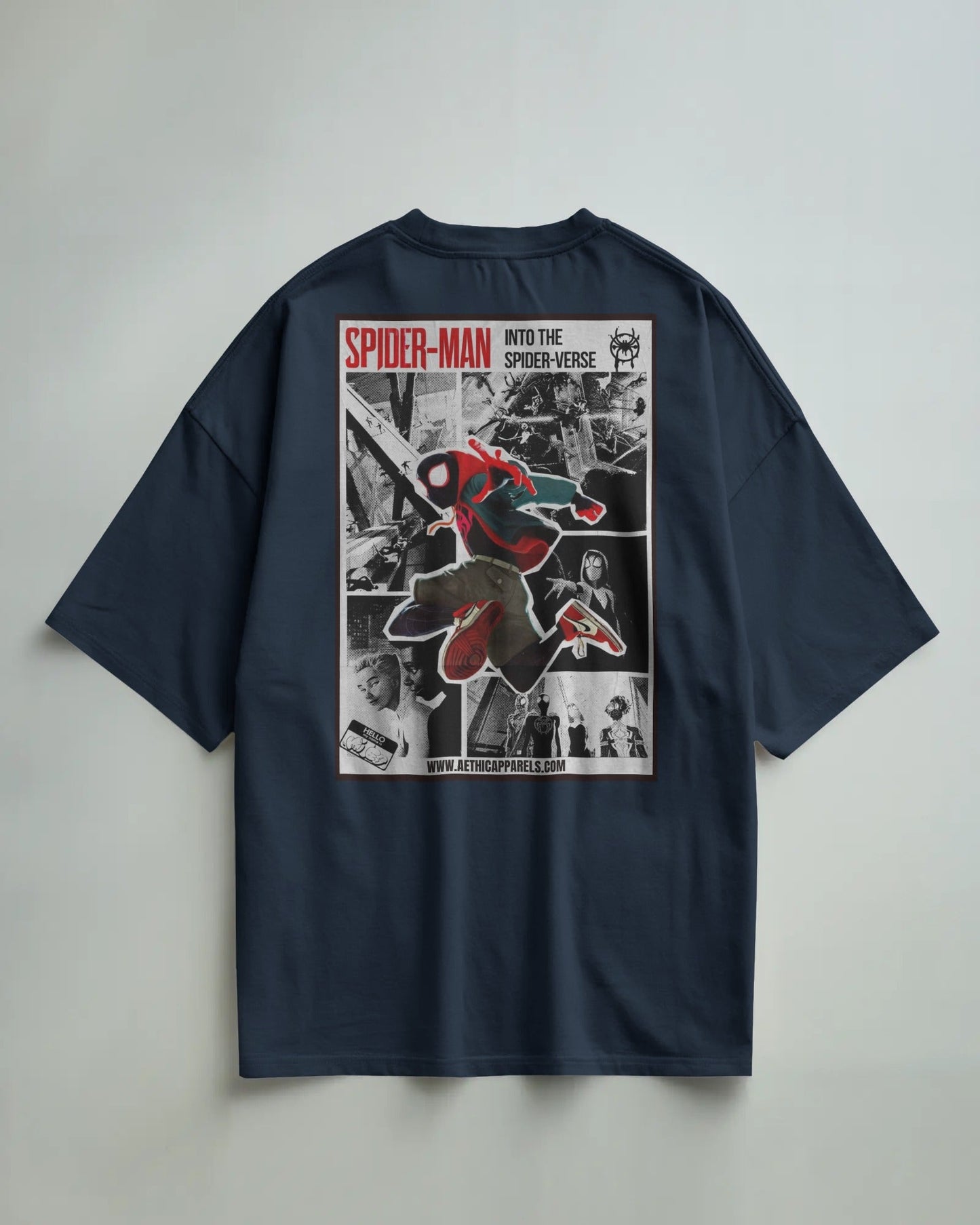 Colour_navy Blue t-shirt with Spider-Man graphic on a gray background