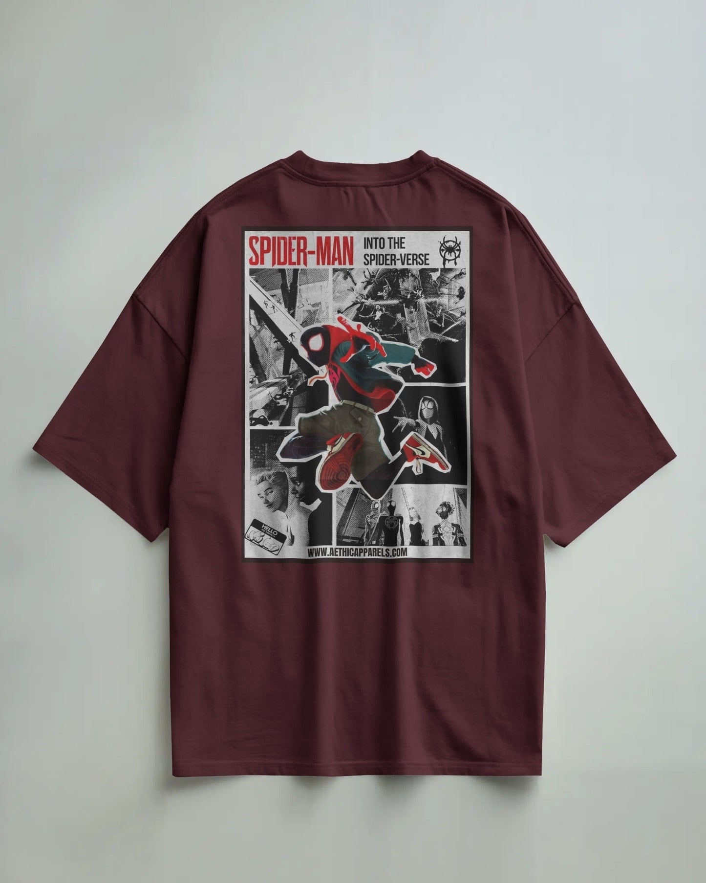 colour_Maroon t-shirt with Spider-Man graphic on the back against a light gray background