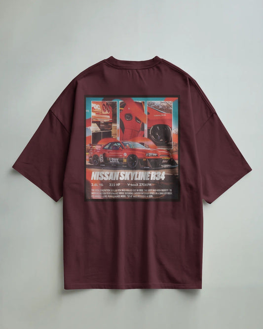 Colour_Maroon -shirt with Nissan Skyline R34 graphic on a gray background