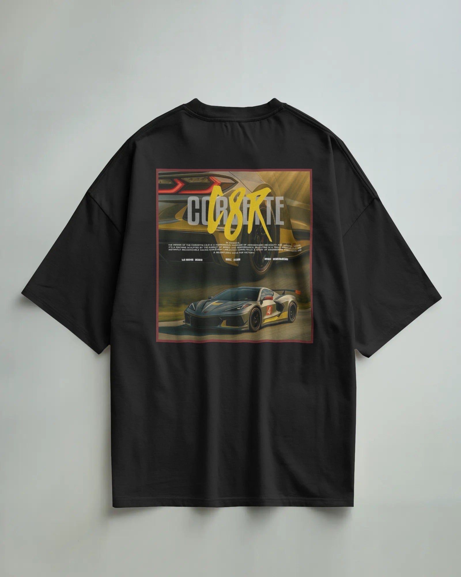 Colour_Black t-shirt with a car graphic and 'C8R' text on a gray background