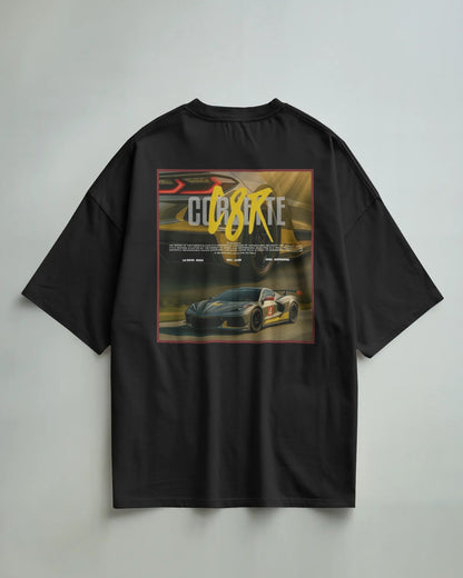 Colour_Black t-shirt with a car graphic and 'C8R' text on a gray background