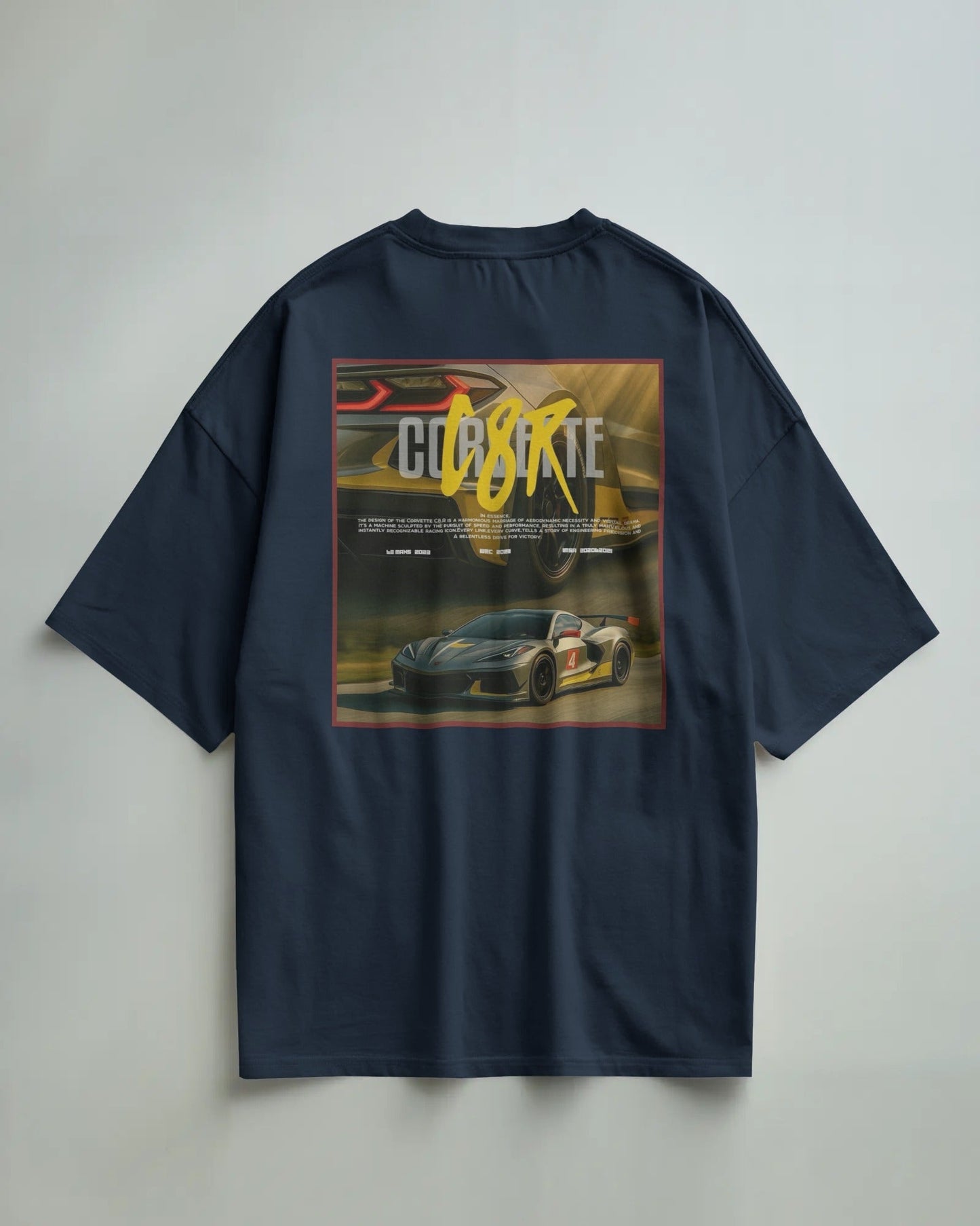 Colour_Navyblue t-shirt with a graphic of a car and 'C8R' text on a gray background