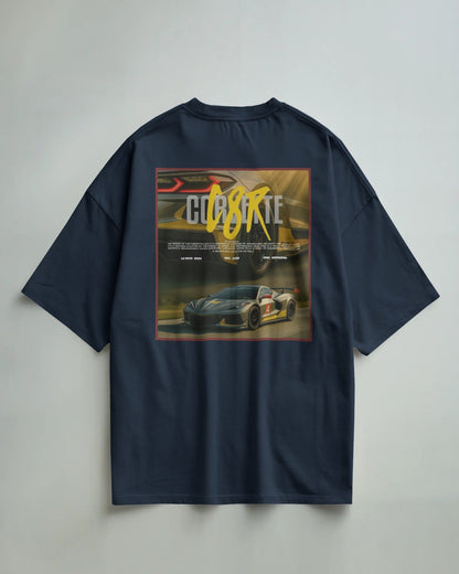 Colour_Navyblue t-shirt with a graphic of a car and 'C8R' text on a gray background