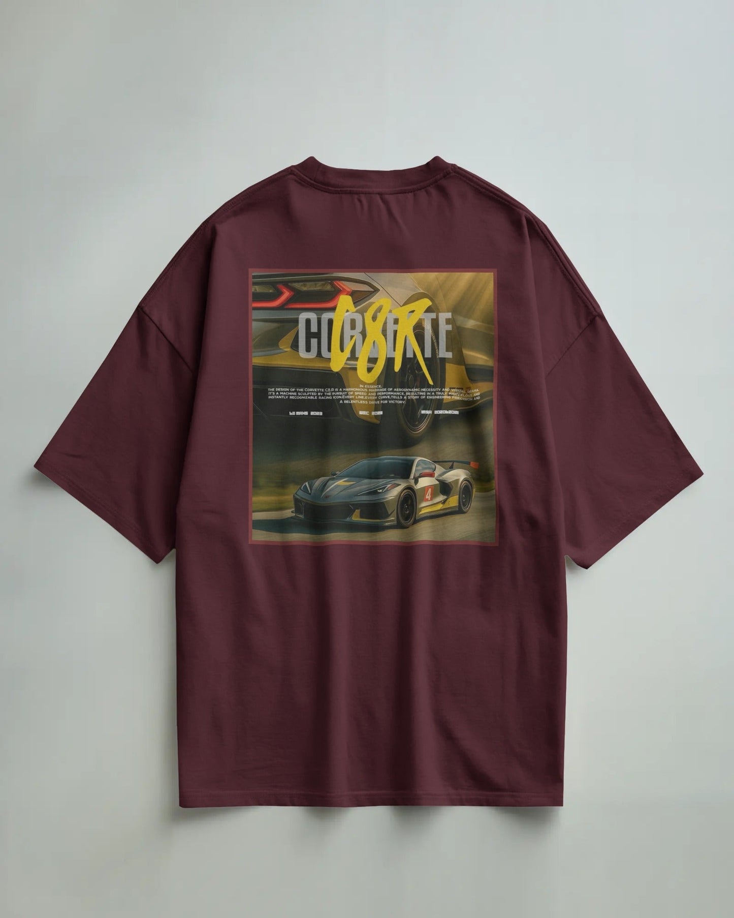 Colour_Maroon t-shirt with a graphic of a car and 'C8R' text on a gray background