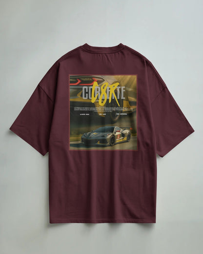 Colour_Maroon t-shirt with a graphic of a car and 'C8R' text on a gray background